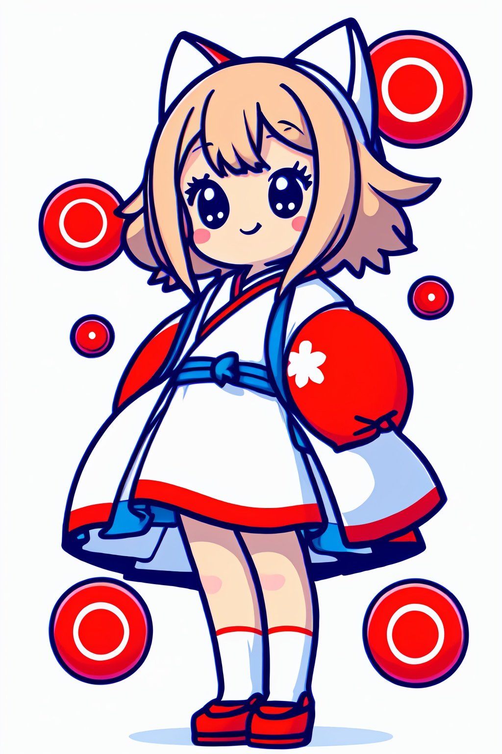 style of Chiho Aoshima, cute, a girl, white hair, puffy dress, full body, red hue, simple white background, Illustration, Ink, japan, minimalistic,cutestickers