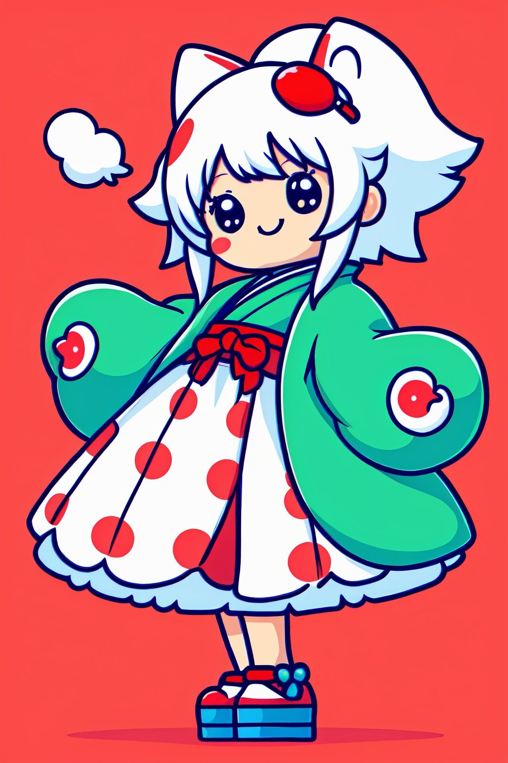 style of Chiho Aoshima, cute, a girl, white hair, puffy dress, full body, red hue, simple white background, Illustration, Ink, japan, minimalistic,cutestickers