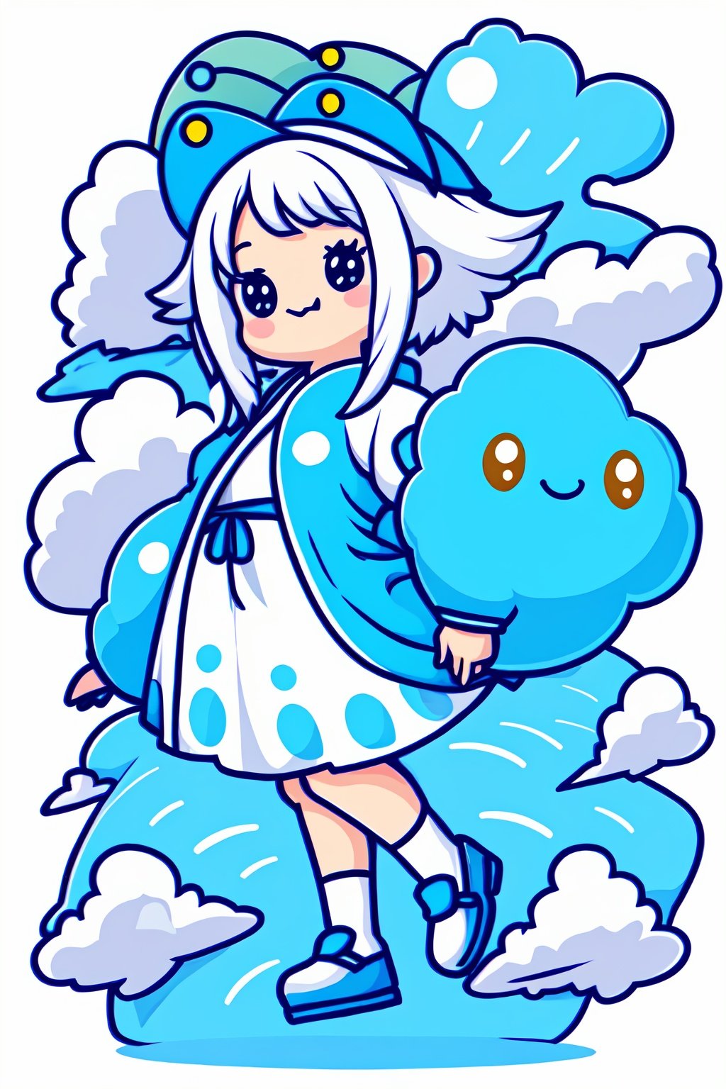 style of Chiho Aoshima, cute, a girl, white hair, puffy dress, full body, royal blue hue, simple white background, Illustration, Ink, japan, minimalistic,cutestickers
