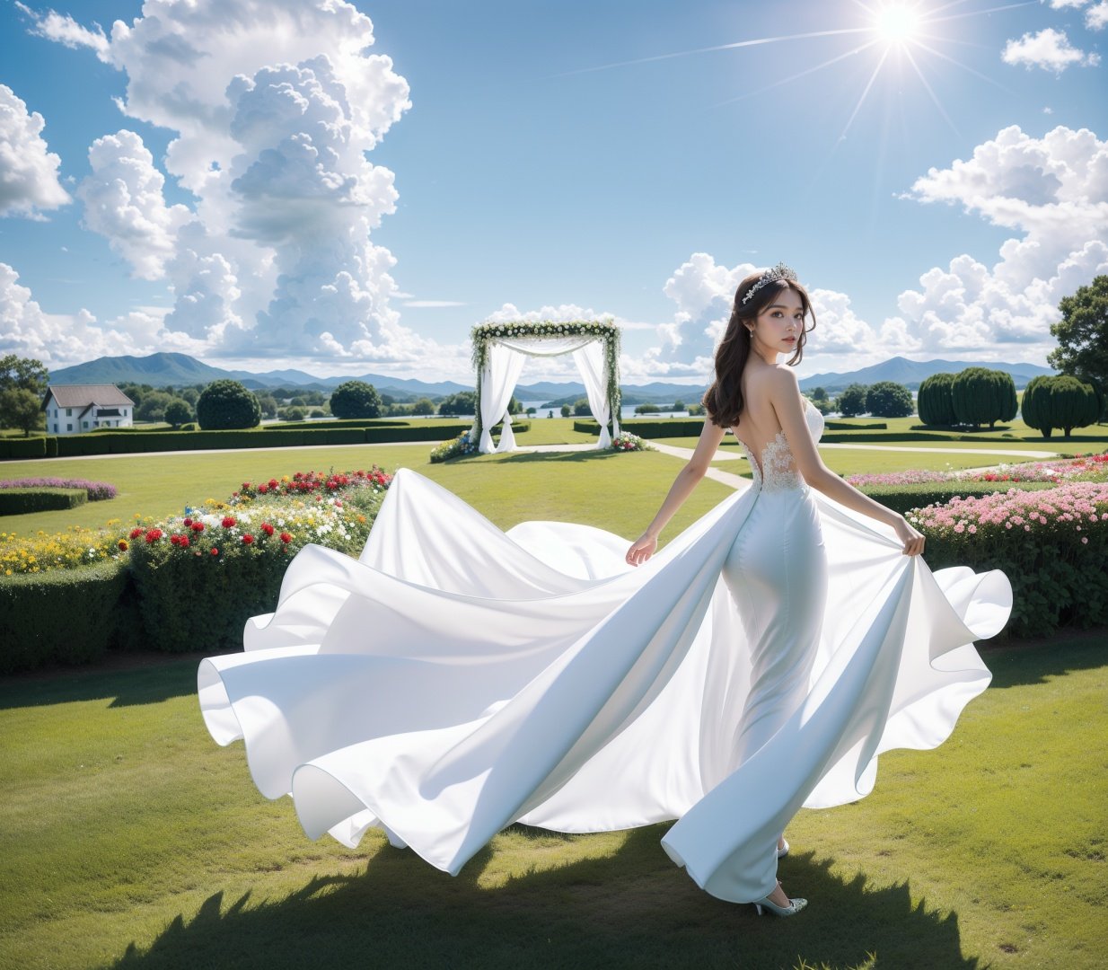 masterpiece,best quality,Grand scene, rich background, blue sky, white clouds, green grass, flowers, colorful flowers, sunshine, character focus, 1 girl, solo, full body, nine headed body, beautiful face, white wedding dress, long tail wedding dress, princess, looking towards the audience, looking back, without fingers, without hands