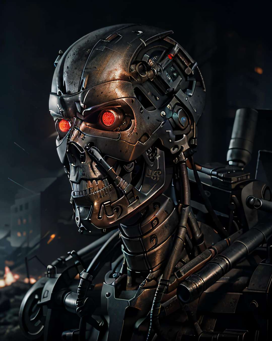 ((A full body  terminator cyborg in future city)). (RAW photo, real life, absurdres, high quality, detailed, realistic:1.3), (solo:1.3), a high resolution photo of a t-800 with intricate details, with red eyes glow and metal shiny skull face and chrome metal body, eyes are red camera lenses. ((metal reflex fire, big flames, fog, smoke and dark background)), cinematic, atmospheric, 4k, realistic lighting, shot by Hassleblad camera, Zeiss lens, 50mm 1.2 lens, Octane Render, ultra realistic, realistic lighting, photorealistic, photorealism, unreal engine, highly detailed, intricate detail, <lyco:terminator:0.6> (((half body))), cracked, broken with lava inside, battle damage, flying aeroships, builds the head or helmet as faithfully as possible to the model,