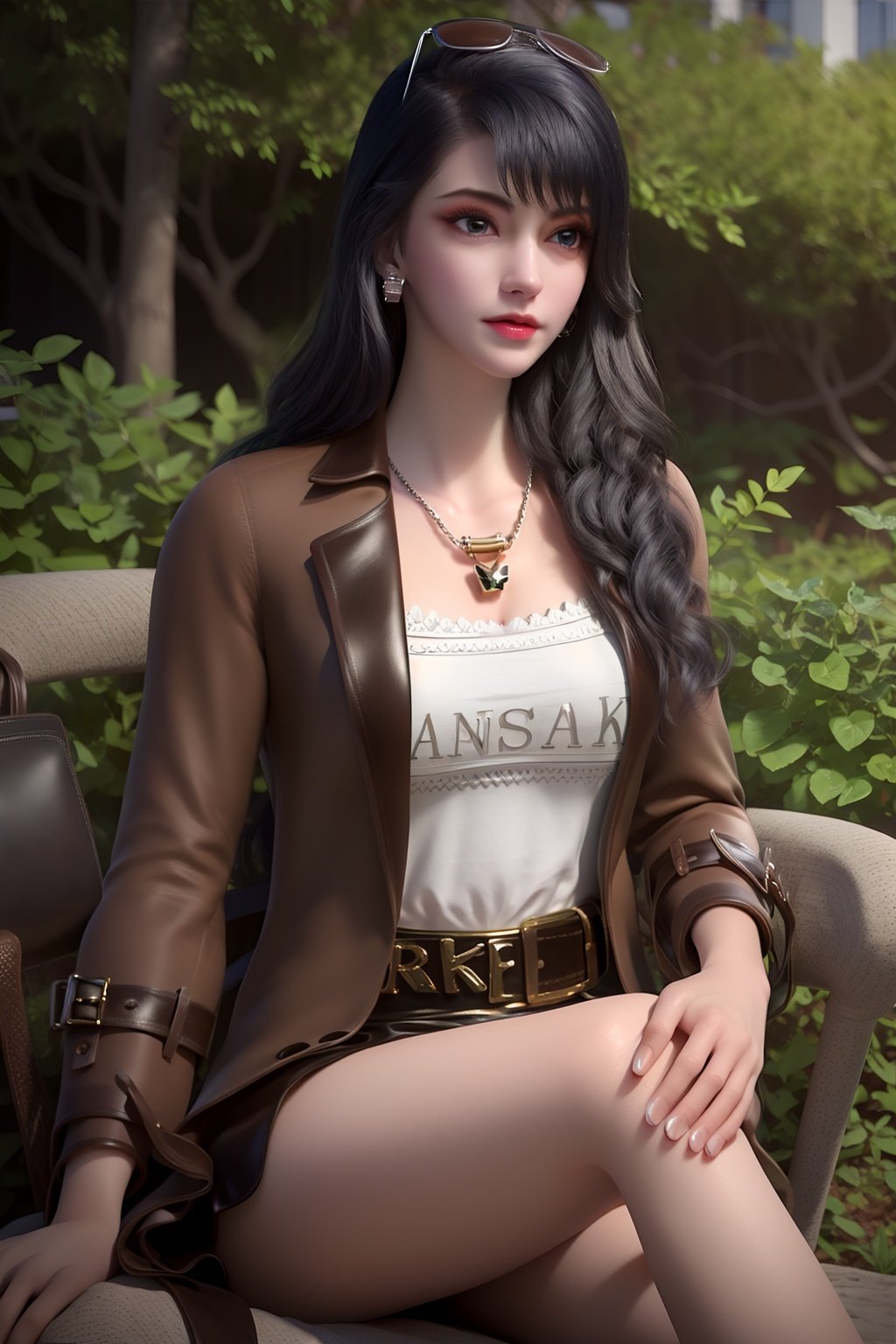 masterpiece,(best quality),official art, extremely detailed cg 8k wallpaper,((crystalstexture skin)), (extremely delicate and beautiful),highly detailed,1girl,solo,long hair,headwear,,sitting,sit down,(black hair)sweet smile,clothing,dress,,Outdoor, Street, Sunny,looking_at_viewer, (cleavage, medium breasts), upper body, <lora:hipoly3DModelLora_v10:0.3>