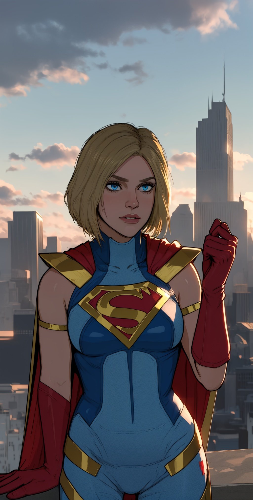 kara, short blonde hair,  blue eyes,  serious, 
blue body suit, S (symbol\), red cape,  red gloves, 
standing, upper body, solo, 
morning, metropolis city,   cloudy sky,  
 (insanely detailed, beautiful detailed face, masterpiece, best quality), 