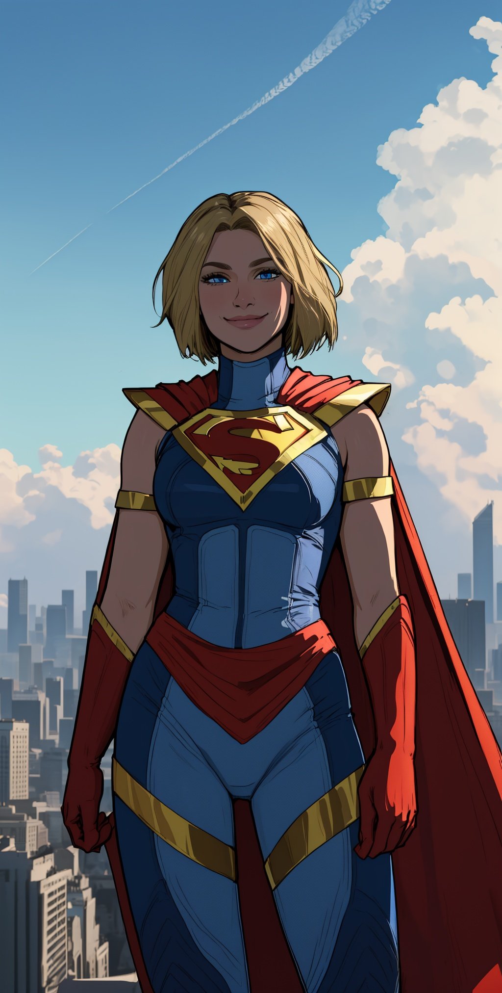 kara, short blonde hair,  blue eyes, 
blue body suit, S (symbol\), red cape,  red gloves, 
standing, upper body, smile,  solo,
morning, metropolis city,   cloudy sky,  
 (insanely detailed, beautiful detailed face, masterpiece, best quality), 