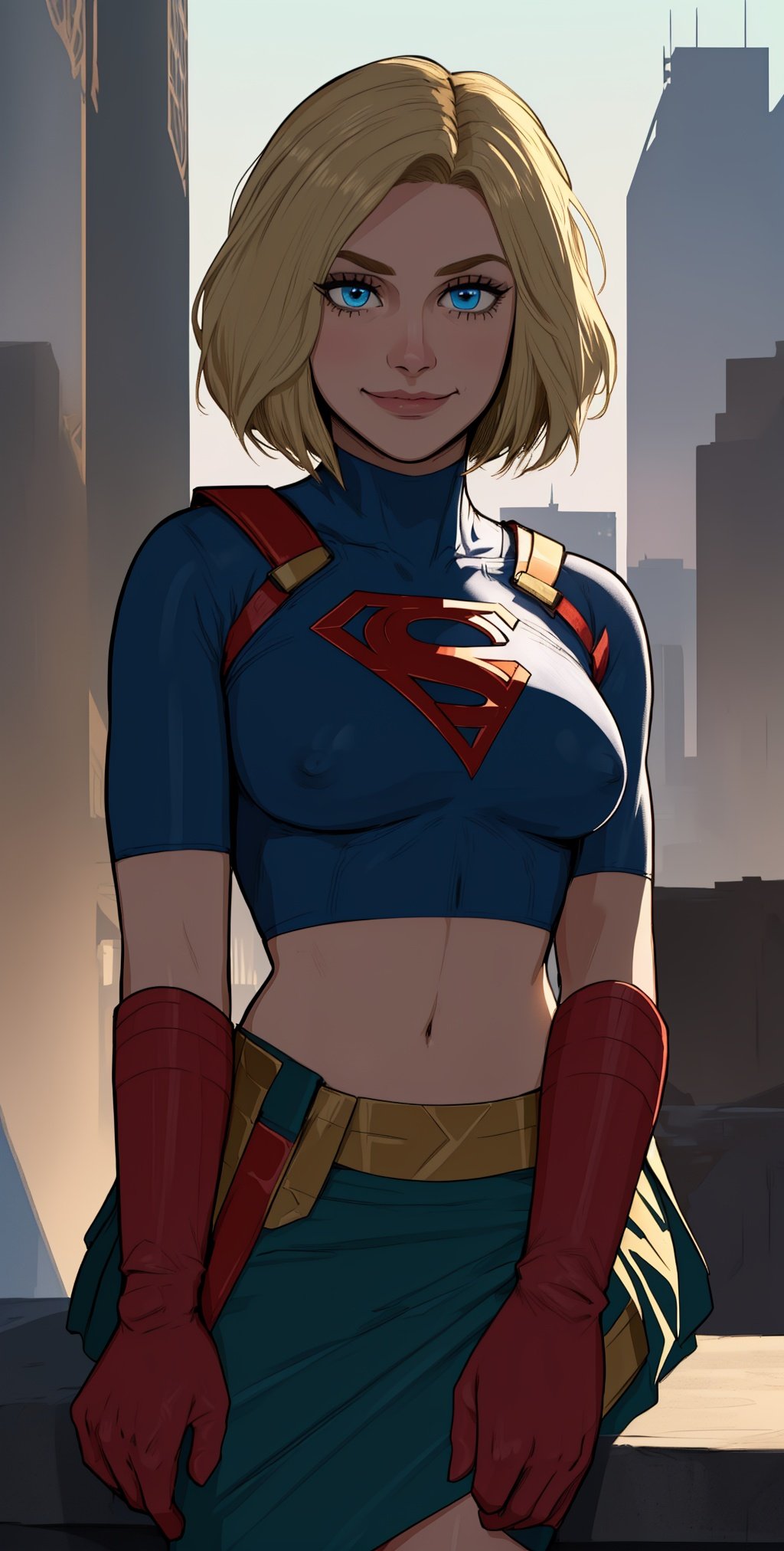 kara, short blonde hair,  blue eyes,   light smile,  
blue body suit,  S (symbol\), red gloves,   midriff,  toned,  
standing, upper body, solo,   covered nipples,   sitting,  skirt,  
morning, metropolis city,  
 (insanely detailed, beautiful detailed face, masterpiece, best quality), 