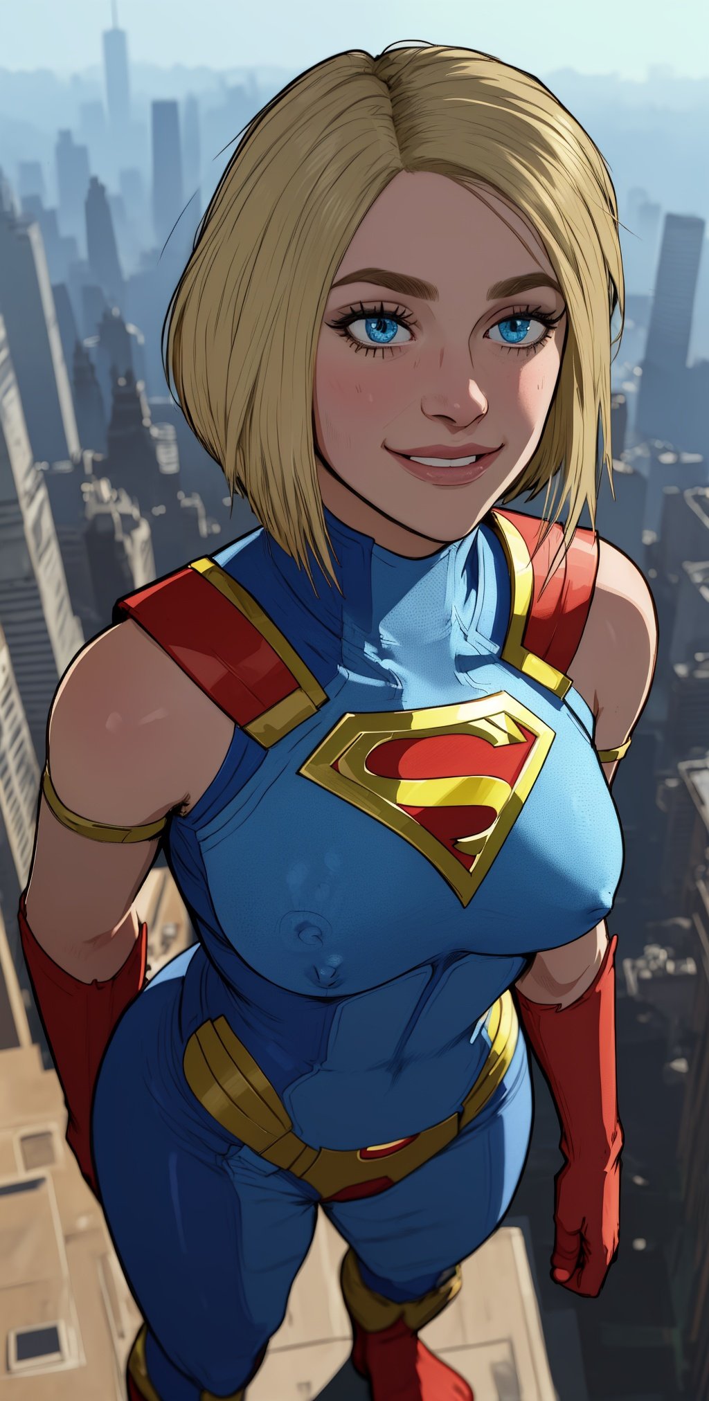 kara, short blonde hair,  blue eyes,   light smile, 
blue body suit, S (symbol\), red gloves,  from above, 
standing, upper body, solo,   covered nipples,  
morning, metropolis city,  
 (insanely detailed, beautiful detailed face, masterpiece, best quality), 