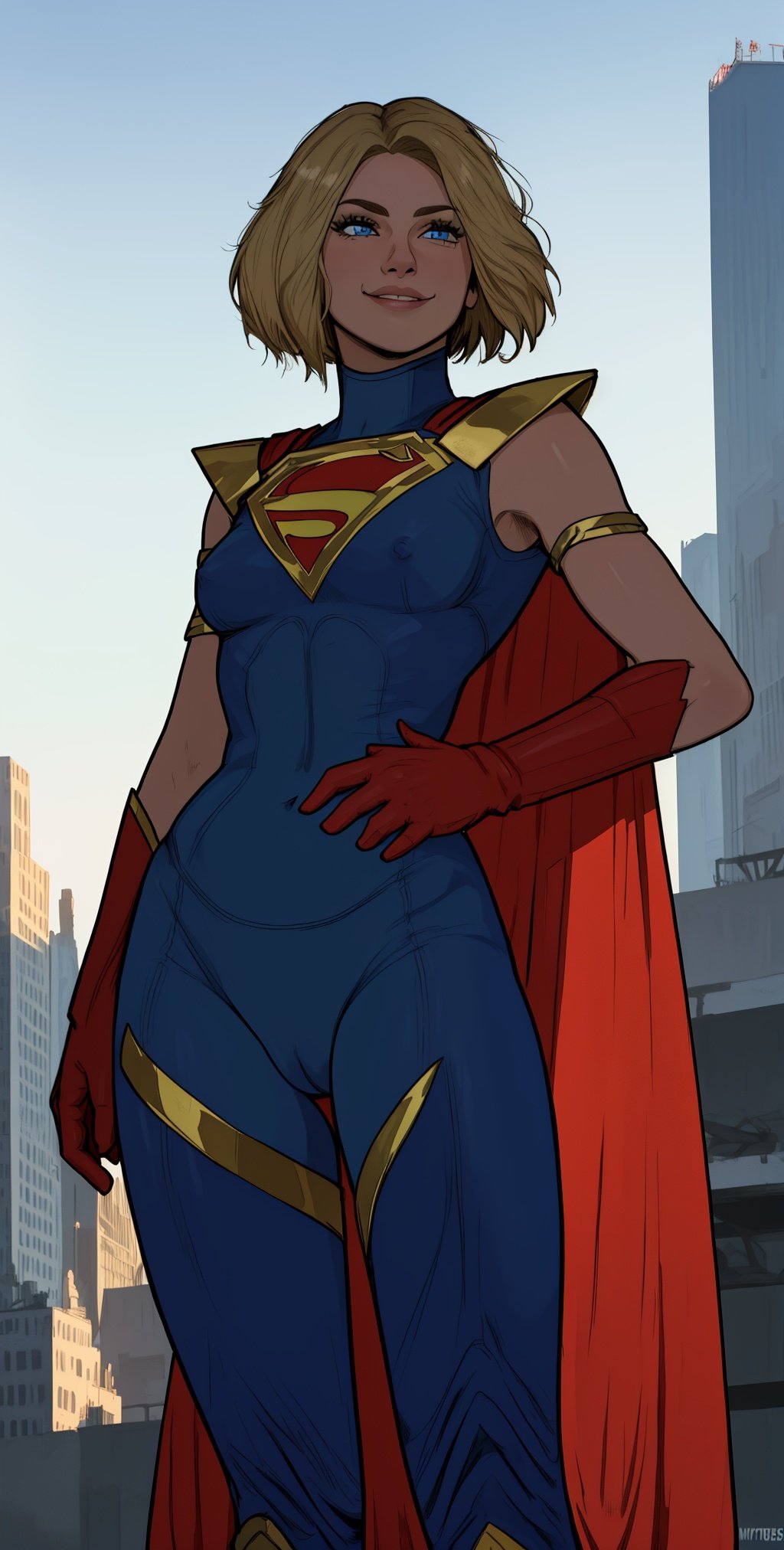 kara, short blonde hair,  blue eyes,   light smile, 
blue body suit, S (symbol\), red cape,  red gloves, 
standing, upper body, solo,   covered nipples,  
morning, metropolis city,   cameltoe,  
 (insanely detailed, beautiful detailed face, masterpiece, best quality), 