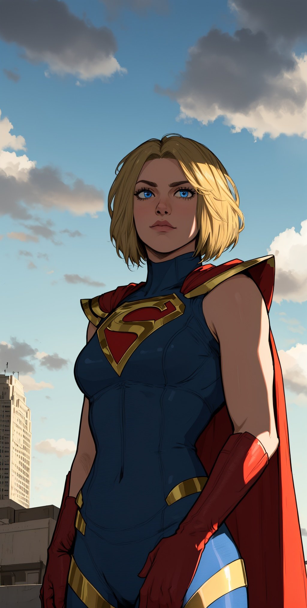 kara, short blonde hair,  blue eyes,  serious, 
blue body suit, S (symbol\), red cape,  red gloves, 
standing, upper body, solo, 
morning, metropolis city,   cloudy sky,  
 (insanely detailed, beautiful detailed face, masterpiece, best quality), 