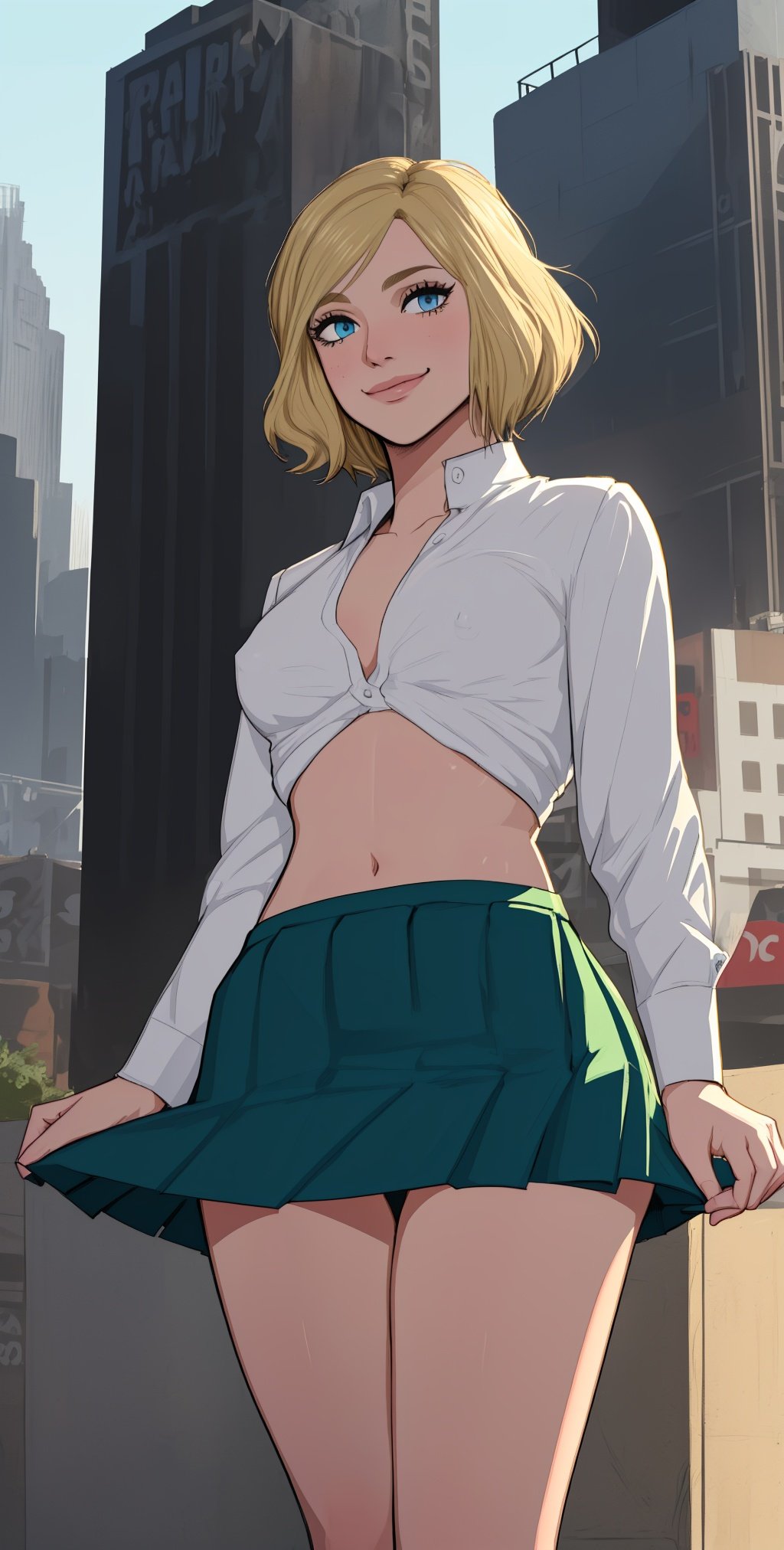 kara, short blonde hair,  blue eyes,   light smile,  
white shirt with  S (symbol\),   midriff,  toned,  
standing, upper body, solo,   covered nipples,   blue  skirt,   standing, 
morning, metropolis city,   park, 
 (insanely detailed, beautiful detailed face, masterpiece, best quality), 