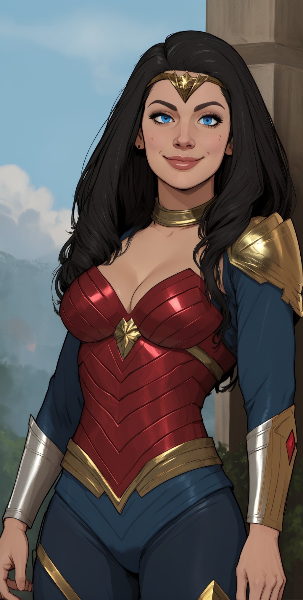 diana, black hair, blue eyes,   light smile,    tiara, 
toned,  blue and red bodysuit, armor, cleavage,  armored bands, 
standing, upper body, solo,  standing, 
morning, island, 
 (insanely detailed, beautiful detailed face, masterpiece, best quality),  