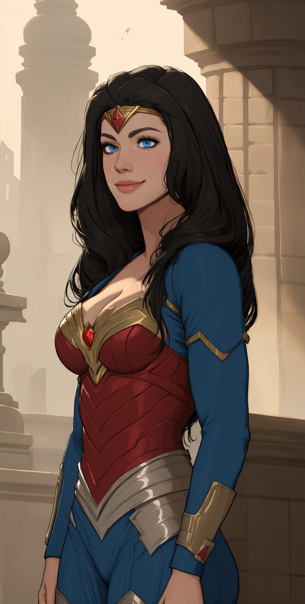 diana, black hair, blue eyes,   light smile,    tiara, 
toned,  blue and red bodysuit, armor, cleavage,  armored bands, 
standing, upper body, solo,  standing, 
morning, island, 
 (insanely detailed, beautiful detailed face, masterpiece, best quality),  