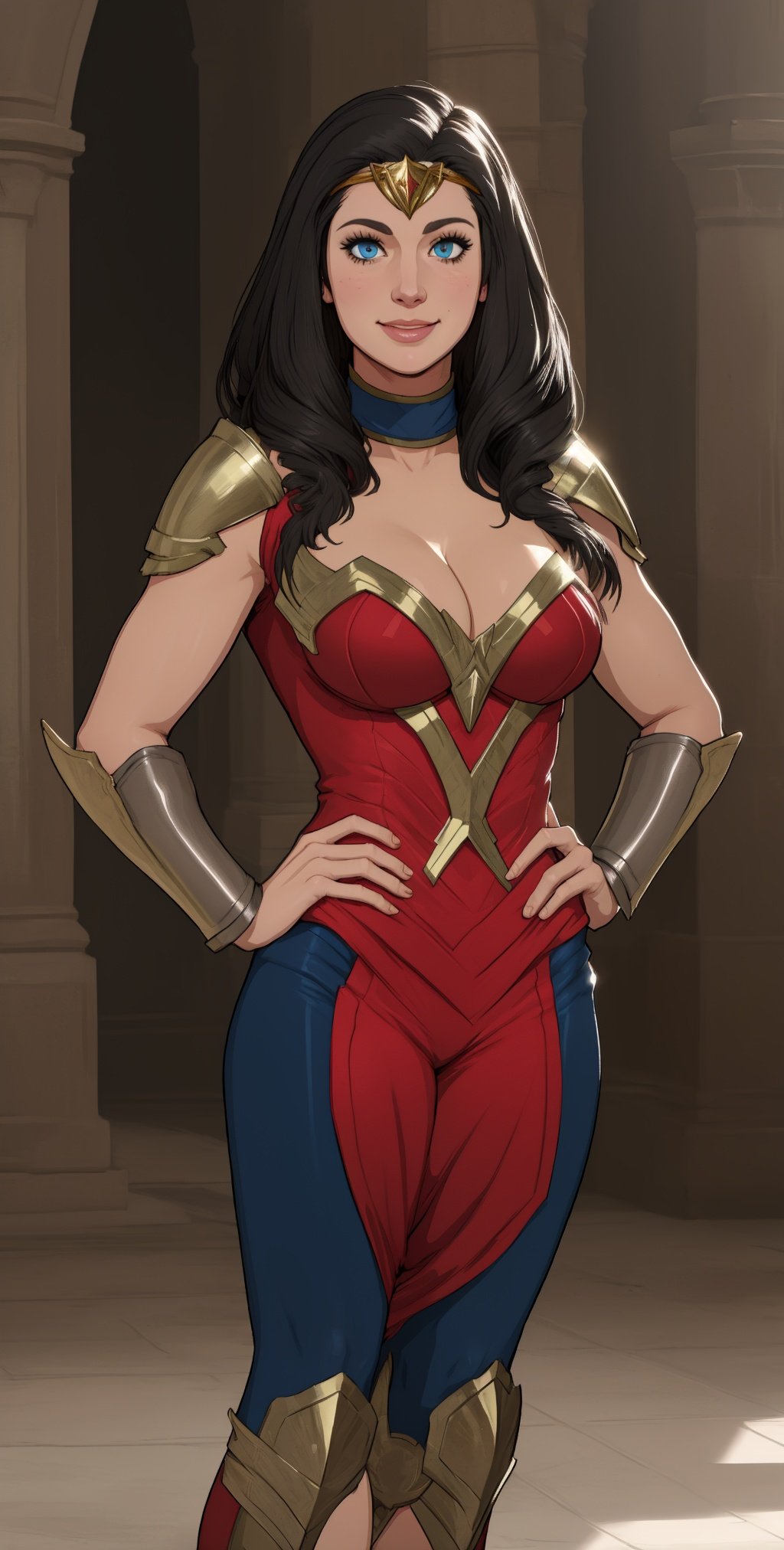 diana, black hair, blue eyes,   light smile,    tiara,  hands on hips, 
toned,  blue and red bodysuit, armor, cleavage,  armored bands, 
standing, upper body, solo,  standing, 
morning, island, 
 (insanely detailed, beautiful detailed face, masterpiece, best quality),  