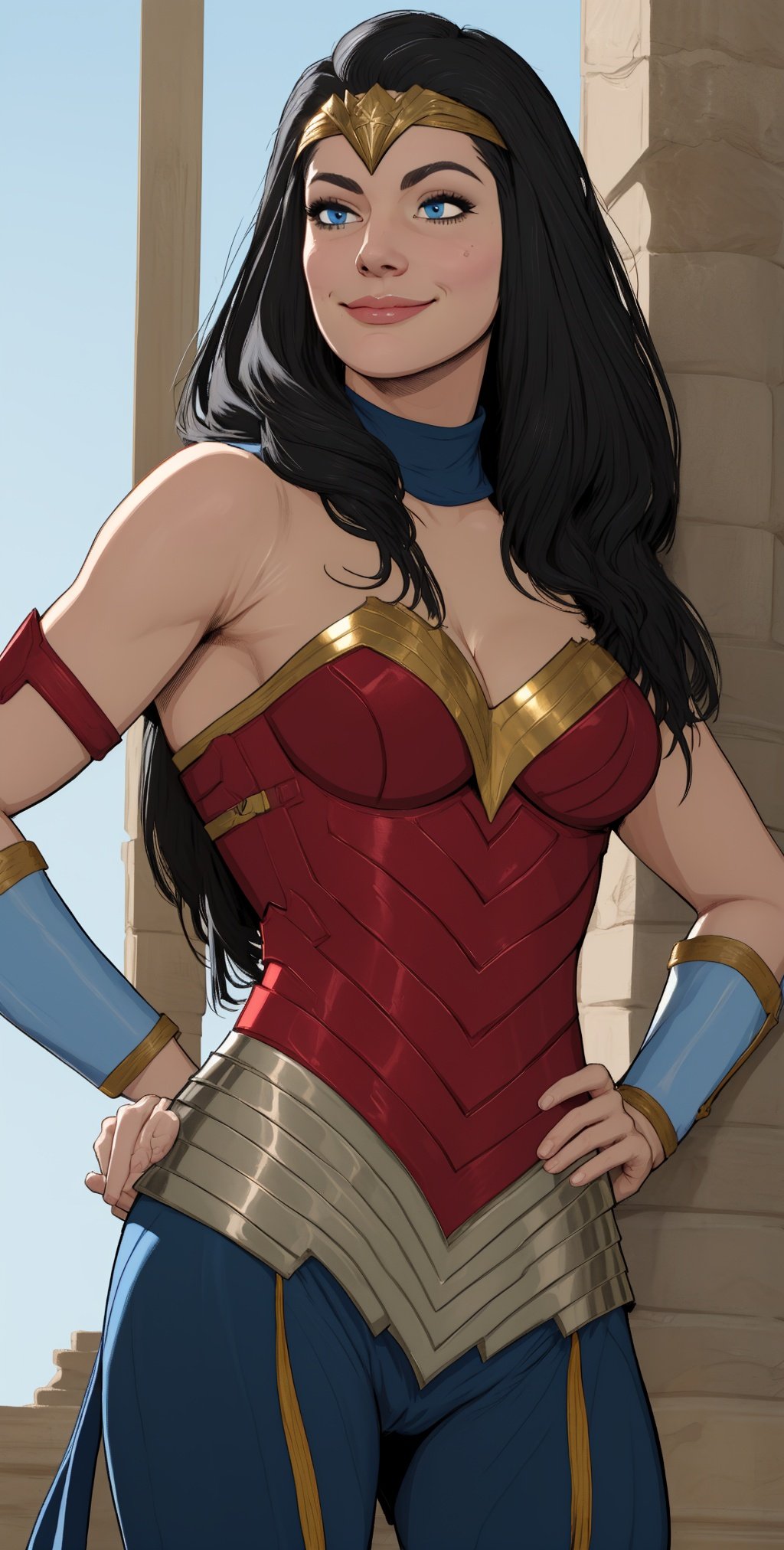 diana, black hair, blue eyes,   light smile,    tiara,  hands on hips, 
toned,  blue and red bodysuit, armor, cleavage,  armored bands, 
standing, upper body, solo,  standing, 
morning, island, 
 (insanely detailed, beautiful detailed face, masterpiece, best quality),  