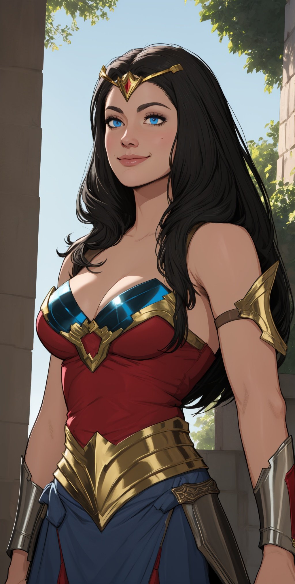 diana, black hair, blue eyes,   light smile,    tiara,   
toned, armor, cleavage,  armored bands,  sleeveless,  red top with gold trim, blue underwear with stars,  bare shoulders, 
standing, upper body, solo,  
morning, island, 
 (insanely detailed, beautiful detailed face, masterpiece, best quality),  