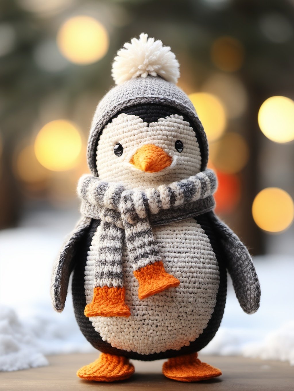 BJ_Sewing_doll, solo, looking_at_viewer, hat, standing, full_body, food, scarf, blurry, black_eyes, no_humans, depth_of_field, blurry_background, animal, beanie, animal_focus, penguin,Best quality,masterpiece,<lora:SDXL_Sewing_doll:0.7>,