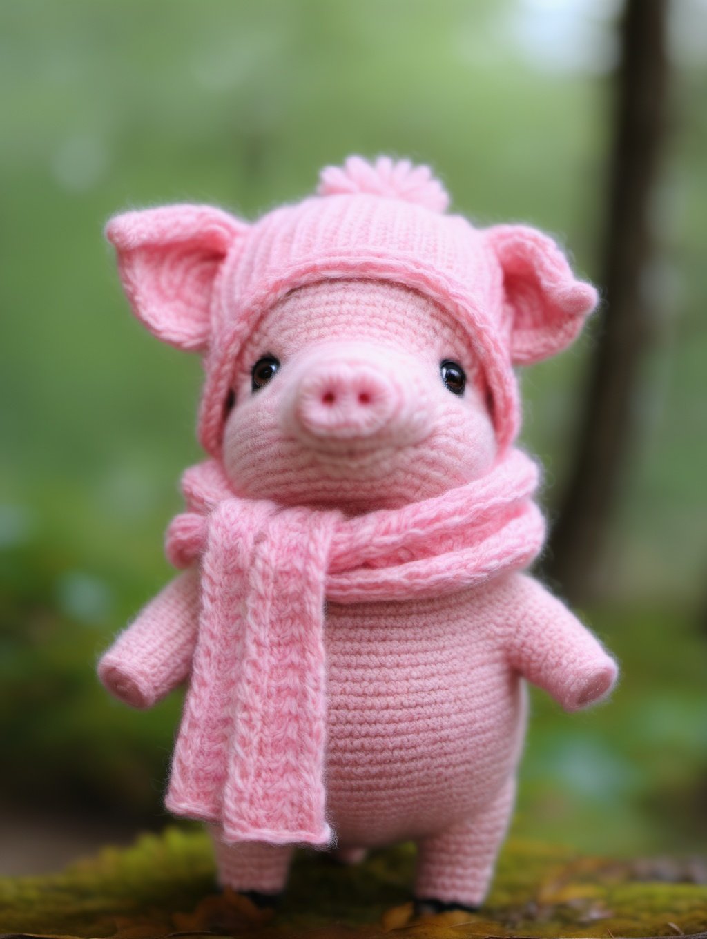 BJ_Sewing_doll,pig,solo,hat,standing,outdoors,scarf,blurry,black_eyes,no_humans,depth_of_field,blurry_background,animal,leaf,realistic,pink_headwear,animal_focus,pink_scarf,Best quality,masterpiece,<lora:SDXL_Sewing_doll:0.7>,