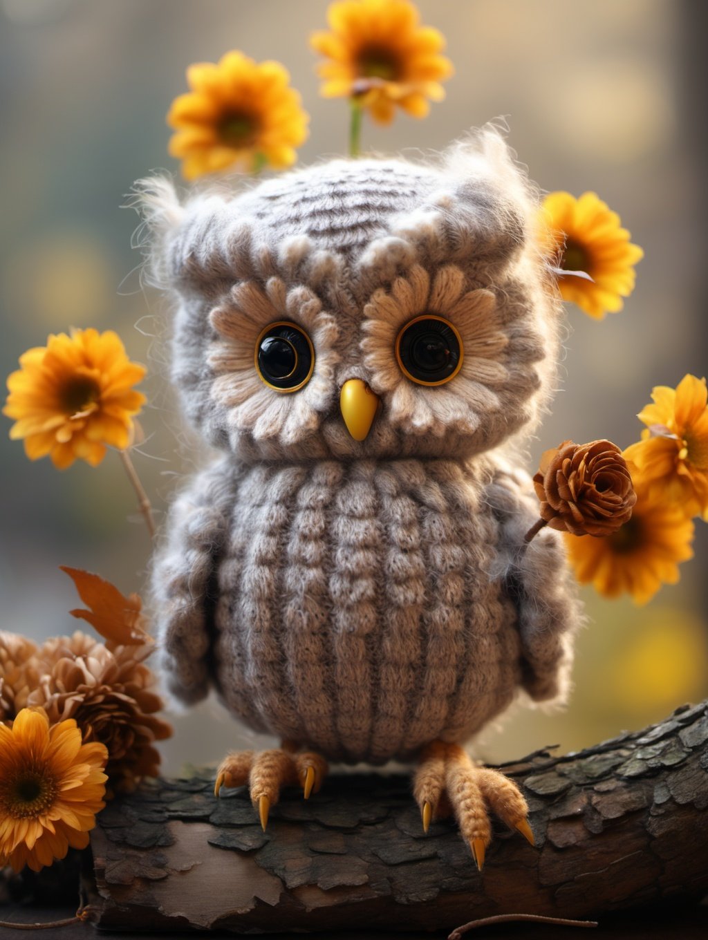 BJ_Sewing_doll,solo,looking_at_viewer,holding,standing,full_body,flower,blurry,no_humans,blurry_background,bird,animal,realistic,holding_flower,animal_focus,owl,Best quality,masterpiece,<lora:SDXL_Sewing_doll:0.7>,