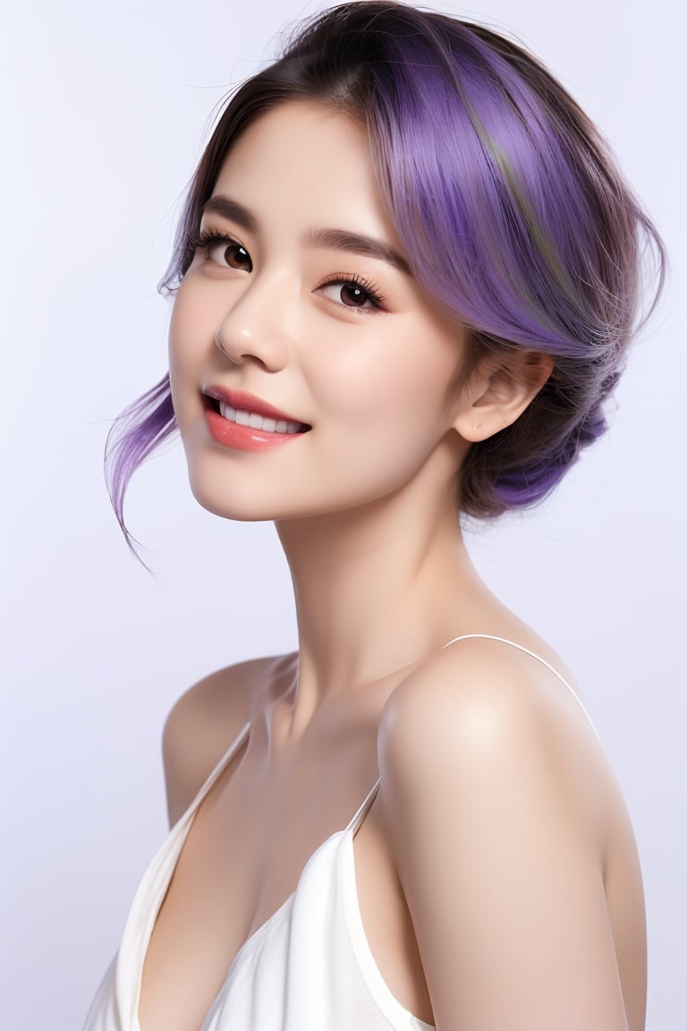 1girl,solo,realistic,front,looking at viewer,smile,white background,brown eyes,upper body,<lora:7:0.7>,lavender hair,