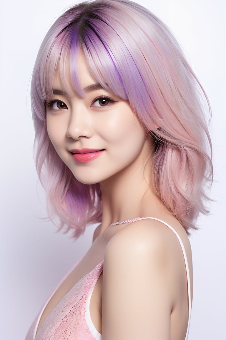 1girl,solo,realistic,front,looking at viewer,smile,long hair,white background,<lora:7:0.7>,Pink Purple Gradient Hair,