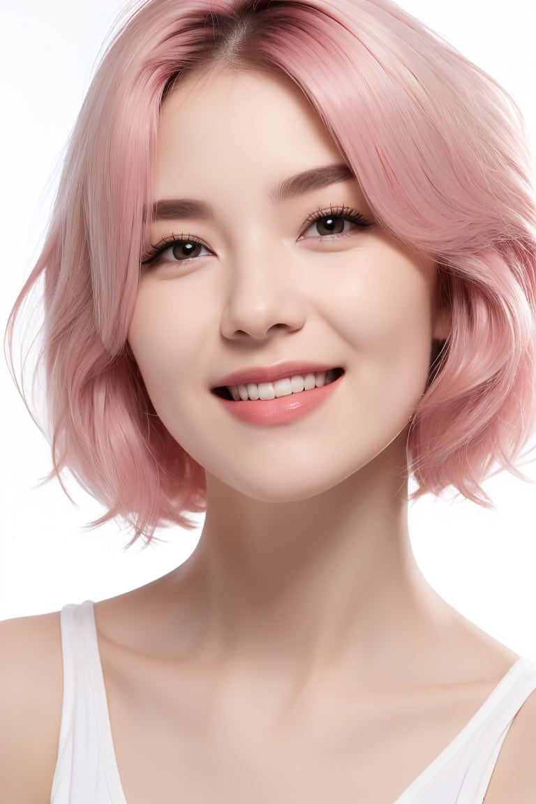 beauty, 1girl,front,realistic,pink hair,short haiir,white background,Smiling, <lora:7:0.7>