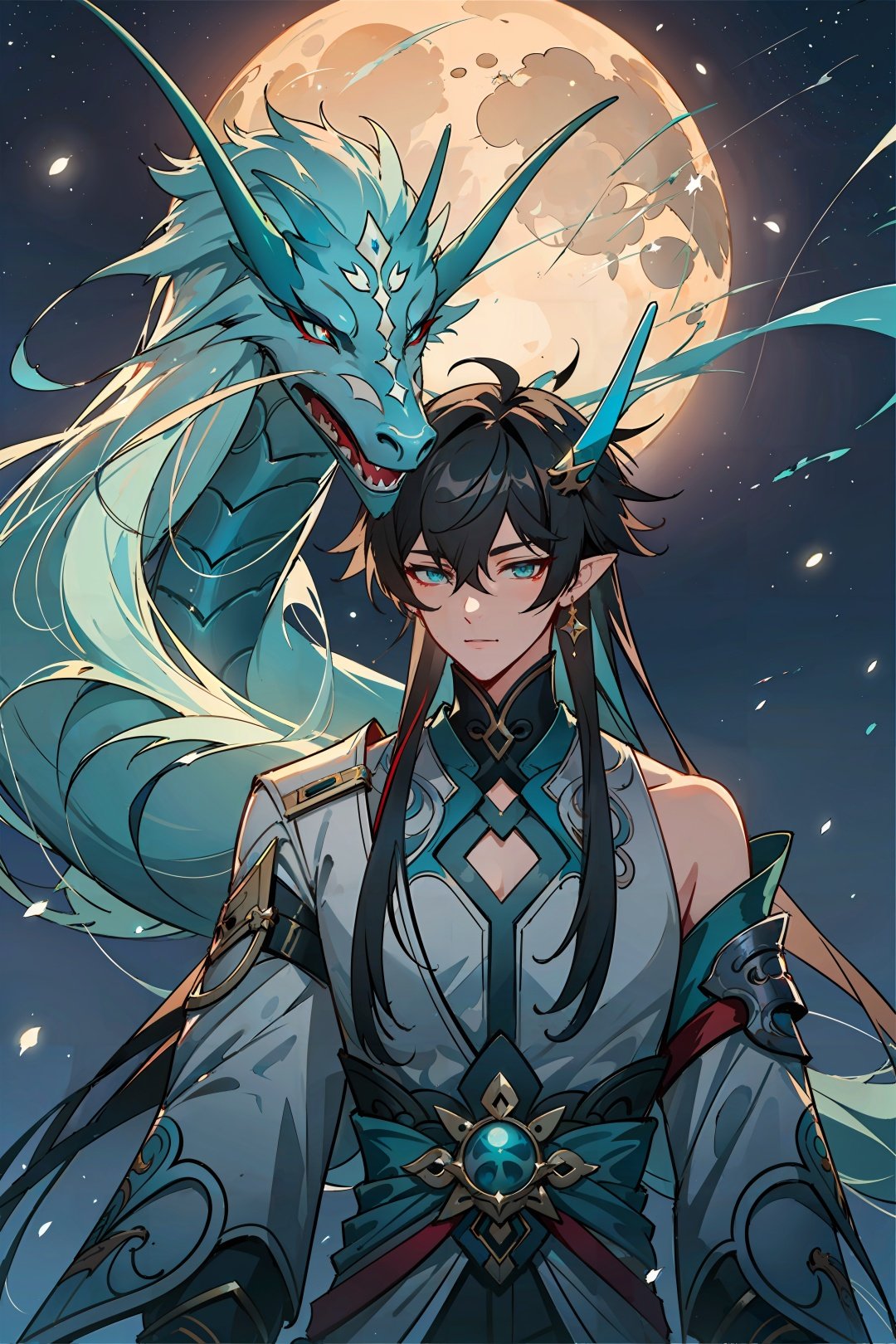 <lora:bengtie_yinyuejun_v2.0-000009_0.8:1>,yinyuejun\(character\),full moon,upper body,huge moon,night,starry sky,sky,a sky full of stars,water dragon,chinese dragon,scattered starlight,