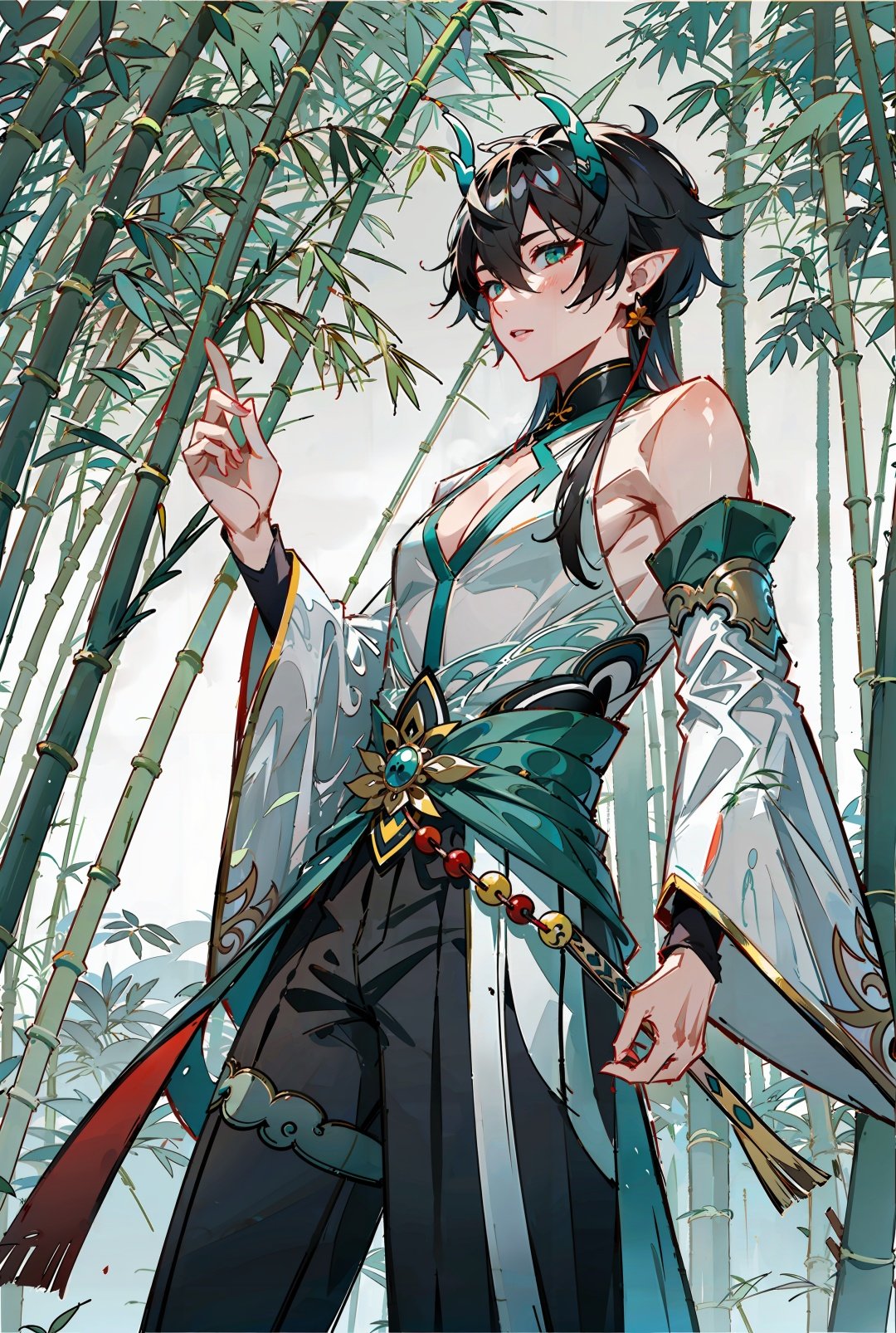 <lora:bengtie_yinyuejun_v2.0-000009_0.8:1>,yinyuejun\(character\),(bamboo forest:1.2),bamboo,many bamboo leaves,scattered bamboo leaves,stand,sideways,fumes,body,fluttering bamboo leaves,