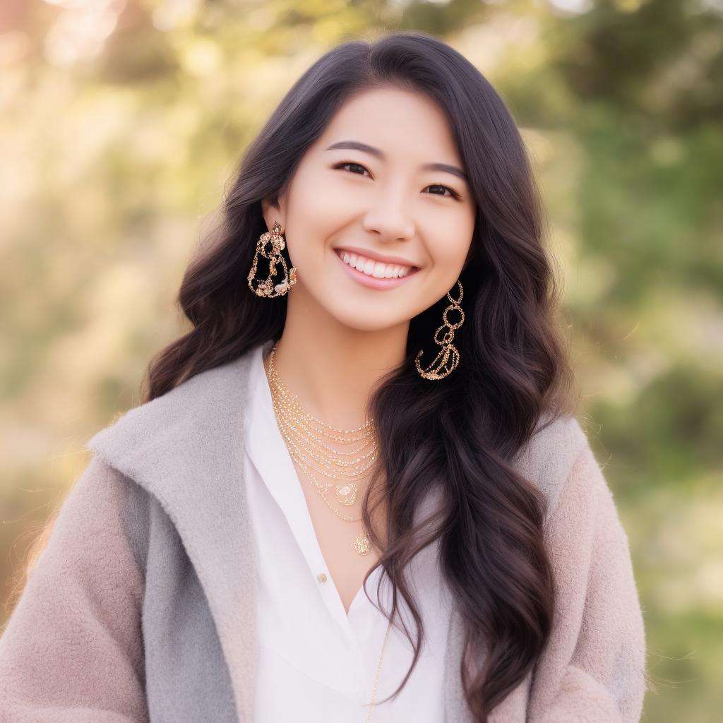 Full Body Shot Of smiling female with jewelry art 25 yo.	((Dreamy)), (Mixed Media), (Fashion Model), (Soft Light), (Pastel Colors), (Portrait), (Photo), (Realistic Style)