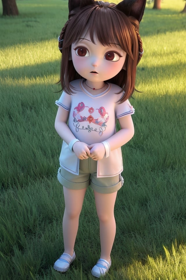 (masterpiece, best quality, high quality, highres:1.2),8k,detail,CG,3d,1girl,solo,pale skin,child,full body,animal ears,braid,t-shirt,shorts,best shadow,<lora:hu-000008:1>,