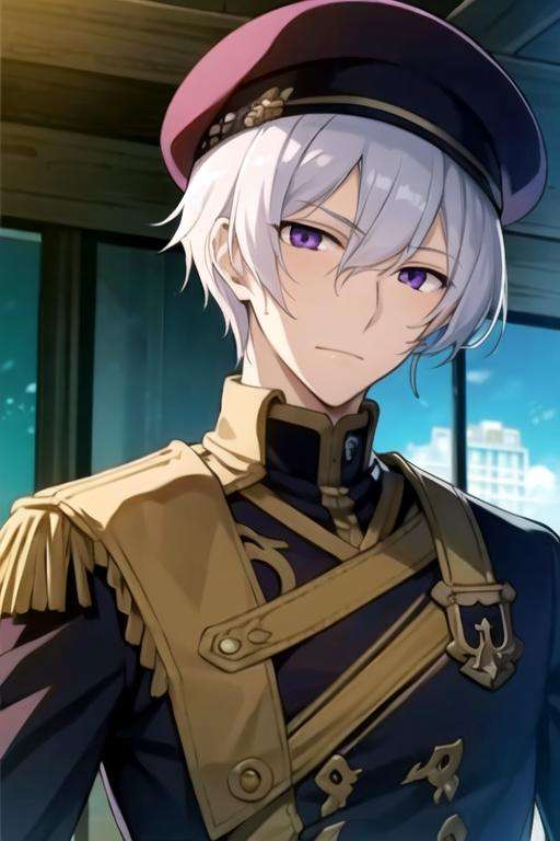 masterpiece, best quality, game cg, 1boy, solo, male focus, looking at viewer, , depth of field, <lora:ayanami_07-ghost:0.68>, ayanami_07-ghost, white hair, purple eyes, flannel shirt, beret, steampunk,