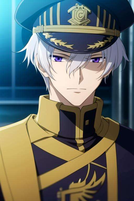 masterpiece, best quality, game cg, 1boy, solo, male focus, looking at viewer, upper body, depth of field, <lora:ayanami_07-ghost:0.70>, ayanami_07-ghost, white hair, purple eyes, hat