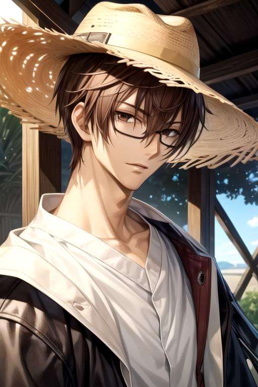 masterpiece, best quality, game cg, 1boy, solo, male focus, looking at viewer, upper body, , <lora:castor_07-ghost:0.72>, castor_07-ghost, brown hair, brown eyes, , , straw hat, ,