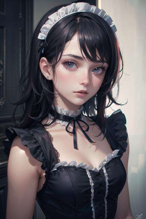 1girl,beautiful face, messy hair cute,gothic maid,film grain, raw photo, photorealistic, hyper realistic,highres, high resolution