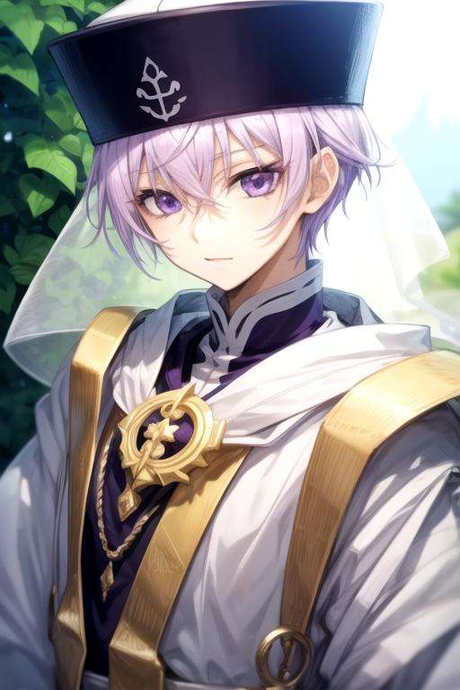 masterpiece, best quality, sketch, 1boy, solo, male focus, looking at viewer, upper body, depth of field, <lora:labrador_07-ghost:0.70>, labrador_07-ghost, light purple hair, purple eyes, veil, hat, , Shambhala: A hidden paradise where enlightened beings live in perfect harmony,