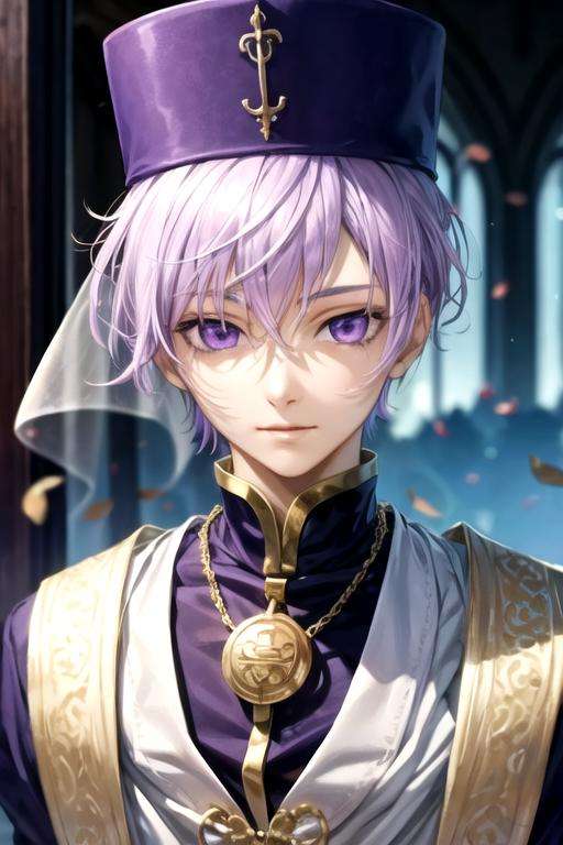 masterpiece, best quality, photorealistic, 1boy, solo, male focus, looking at viewer, upper body, , <lora:labrador_07-ghost:0.68>, labrador_07-ghost, light purple hair, purple eyes, veil, hat, leprechaun costume, , 8k resolution