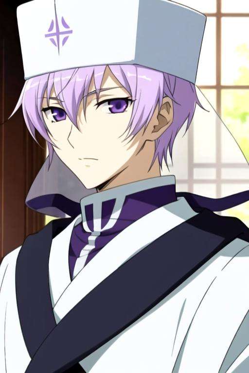 masterpiece, best quality, photorealistic, 1boy, solo, male focus, looking at viewer, upper body, , <lora:labrador_07-ghost:0.70>, labrador_07-ghost, light purple hair, purple eyes, veil, hat