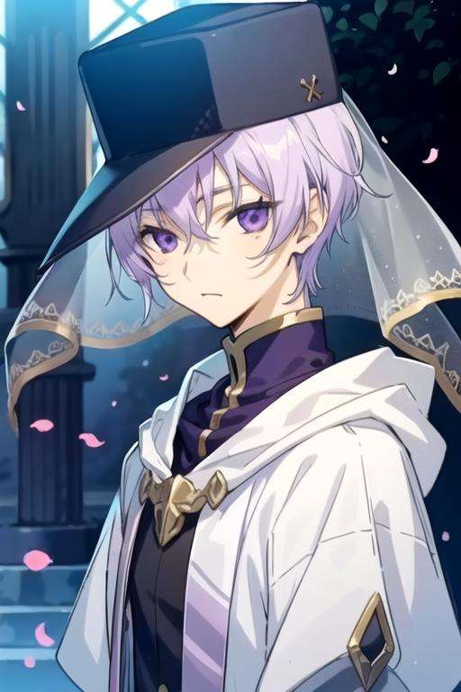 masterpiece, best quality, game cg, 1boy, solo, male focus, looking at viewer, , depth of field, <lora:labrador_07-ghost:0.68>, labrador_07-ghost, light purple hair, purple eyes, veil, hat, , fairytale, 12k resolution