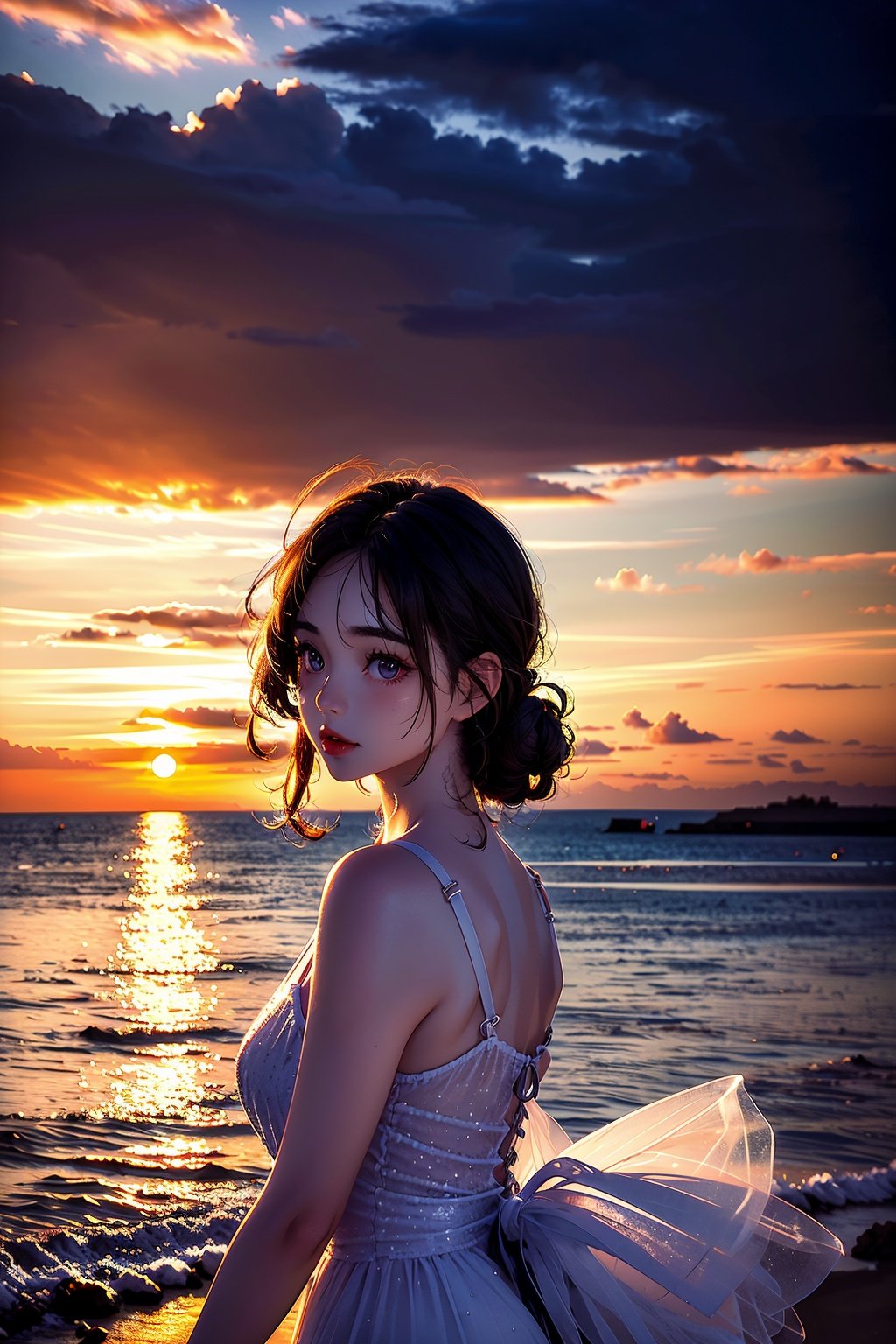 1girl,station,sea,best quality, hyper realism, (ultra high resolution), masterpiece, 8K, RAW Photo,Detail,hunsha,sunset,Sky Fantasy