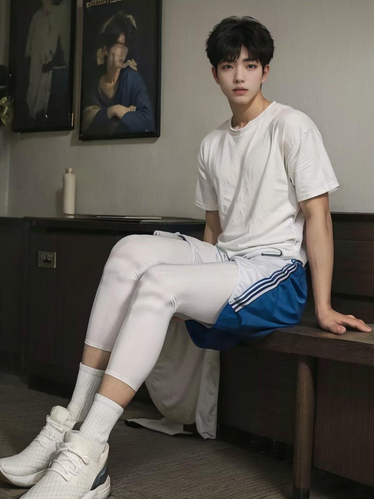 best quality,masterpiece,highres,realistic,1boy,male focus,solo,looking at viewer,white leggings,<lora:leggings-000004:1>,blue shorts,full body,black hair