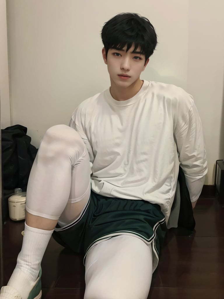 best quality,masterpiece,highres,realistic,1boy,male focus,solo,looking at viewer,white leggings,<lora:leggings-000004:1>,green shorts,black hair