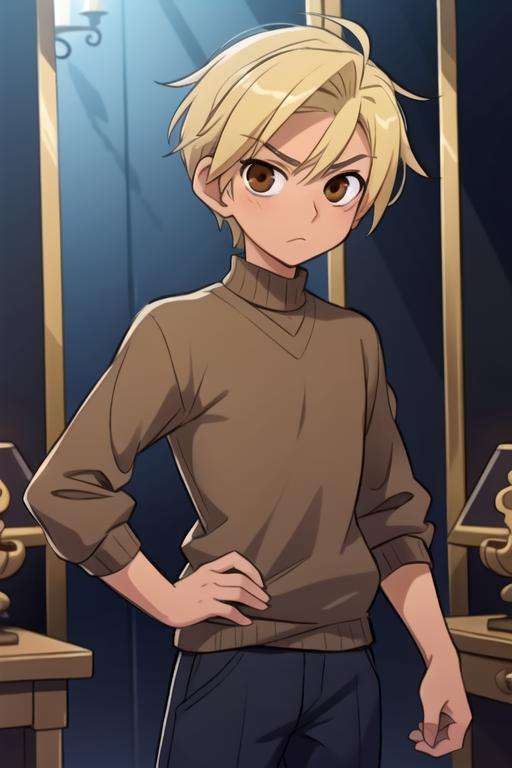 masterpiece, best quality, sketch, 1boy, solo, male focus, looking at viewer, , depth of field, <lora:mikage_celestine:0.68>, mikage_celestine, blonde hair, brown eyes, jumper, , A dark, foreboding castle where a wicked queen reigns, 16k resolution