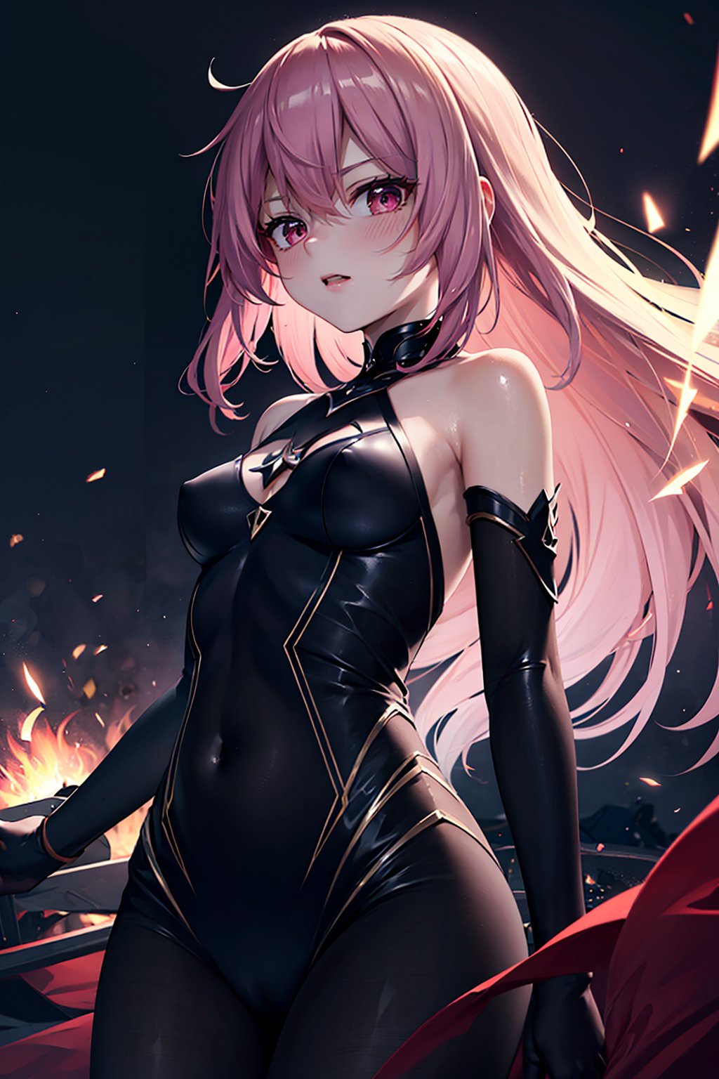 ((masterpiece, best quality, ultra-detailed, very fine 8KCG wallpapers)), 1girl, solo, serious, medium breasts, pale pink hair, wavy long hair, pink eyes, messy hair floating, night, dark spark, flash, light grow, cinematic angle, dark background, nice hands, perfect hands,