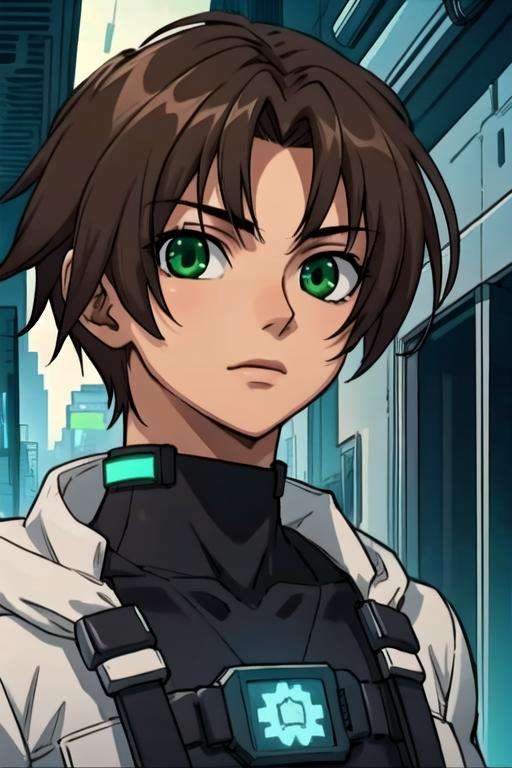 masterpiece, best quality, photorealistic, 1boy, solo, male focus, looking at viewer, upper body, depth of field, <lora:teito_klein:0.70>, teito_klein, brown hair, green eyes, , cyberpunk, HD-DVD