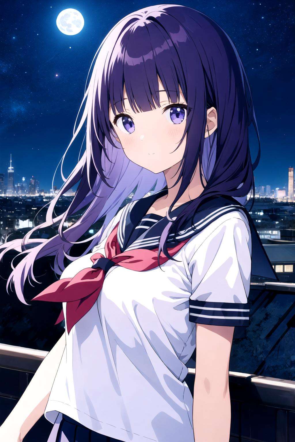 1girl, outdoors, long hair, blunt bangs, purple hair,  white serafuku,  sailor shirt,  pleated skirt, starry sky, large full moon,   night,  building,  rooftop,  upper body, short sleeves,