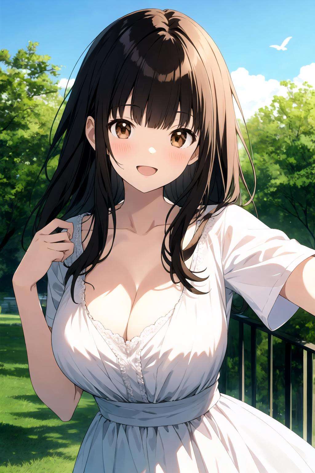 1girl, outdoors, solo, breasts, long hair, dress, looking at viewer, brown eyes, white dress, cleavage, tree, day, bangs, blush, large breasts, short sleeves, smile, building, black hair, open mouth, brown hair, sky, collarbone, parted lips, upper body, blunt bangs