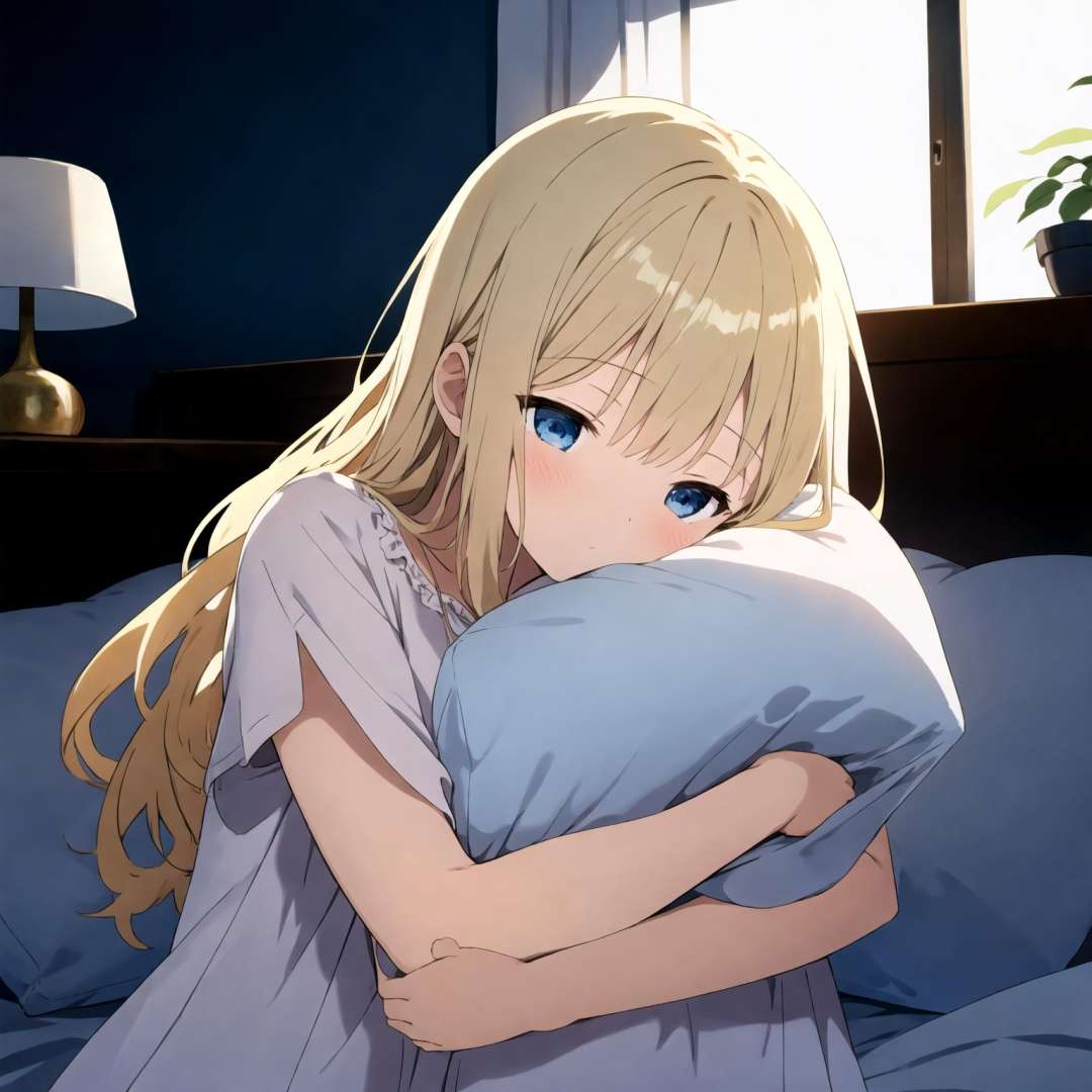 1girl, indoors, bed room, morning, soft light, sunlight,  carpet,  sundress,  simple sleepwear,  sleepy, blonde hair, blue eyes,  upper body,  sitting, pillow hug, 