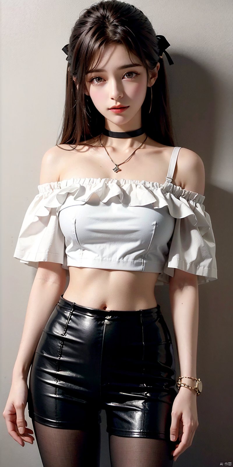  nai3, 1girl, shorts, solo, crop top, choker, pencil skirt, skirt, , navel, shirt, midriff, crop top overhang, looking at viewer, white shirt, jewelry, breasts, cowboy shot, bare shoulders, off-shoulder shirt, off shoulder, black choker, thighs, stomach, hand on own thigh, long hair, bracelet, short sleeves, ribbon, hand up, collarbone, hair ribbon, medium breasts, standing, , , bra strap, kind smile, hair ornament, thigh gap, bangs, necklace, expressionless,, , , blackpantyhose, , Dynamic pose, yuechan