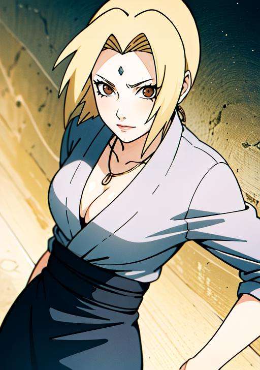 1girl, blonde hair, brown eyes, white shirt, black skirt, cleavage, gold necklace, intrincate details, detailed face, highres, masterpiece, best quality, naruto shippuuden art style, <lora:Copia de Tsunade_Senju-10:0.8>