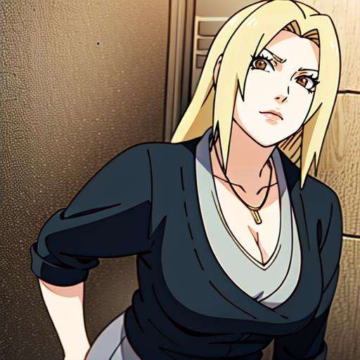 1girl, blonde hair, brown eyes, white shirt, black skirt, cleavage, gold necklace, intrincate details, detailed, masterpiece, best quality, naruto shippuuden art style, <lora:Copia de Tsunade_Senju-10:0.8>