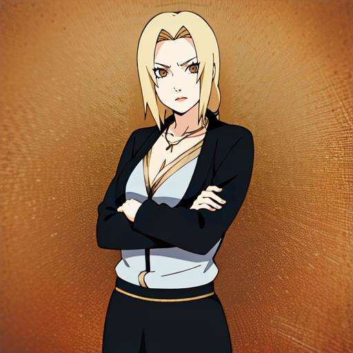 1girl, blonde hair, brown eyes, white shirt, black skirt, cleavage, gold necklace, intrincate details, detailed, masterpiece, best quality, naruto shippuuden art style, <lora:Copia de Tsunade_Senju-10:0.8>