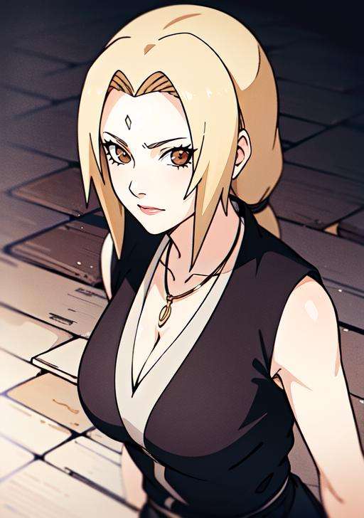 1girl, blonde hair, brown eyes, white shirt, black skirt, cleavage, gold necklace, intrincate details, detailed face, highres, masterpiece, best quality, naruto shippuuden art style, <lora:Copia de Tsunade_Senju-10:0.8>